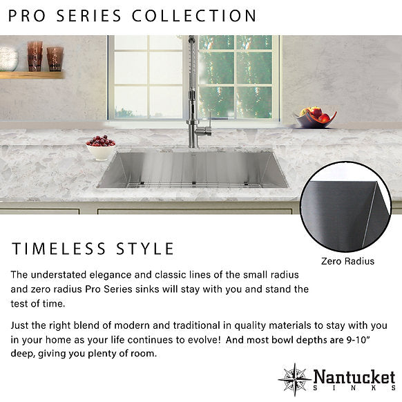 Nantucket Sinks - 30" Single Bowl Zero Radius ADA Stainless Steel Kitchen Sink Model# SS-PRO-ZR3018-5.5