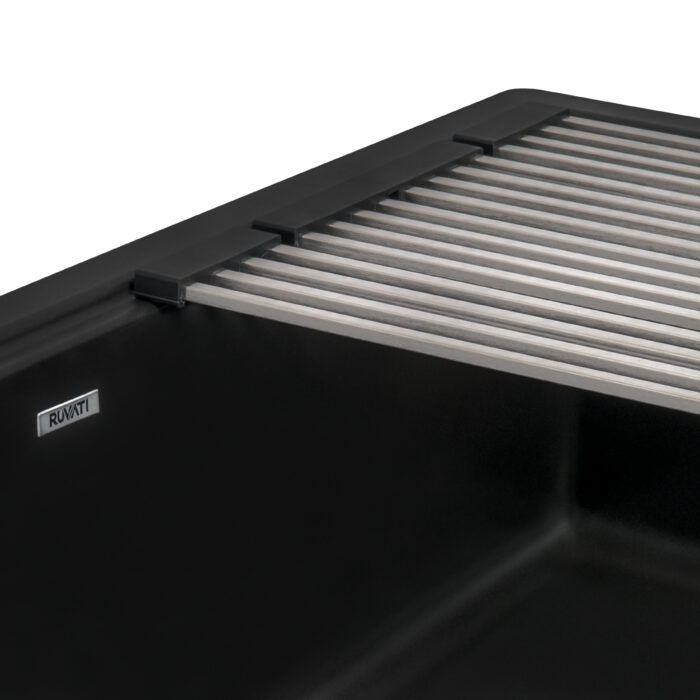 epiCast Ruvati 33" Matte Black Granite Farmhouse Workstation Apron-front Composite Kitchen Sink – Model# RVG1533BK
