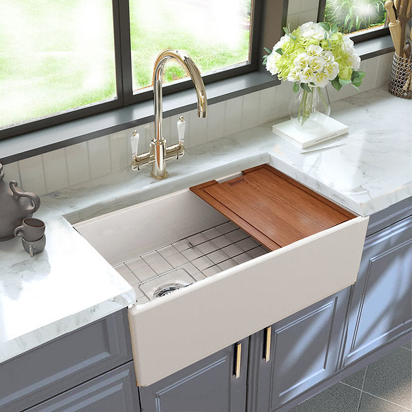 Nantucket Sinks - 30" Fireclay Reversible Workstation Farmhouse Fireclay Sink with Offset Drain and Accessories Model# T-PS30W