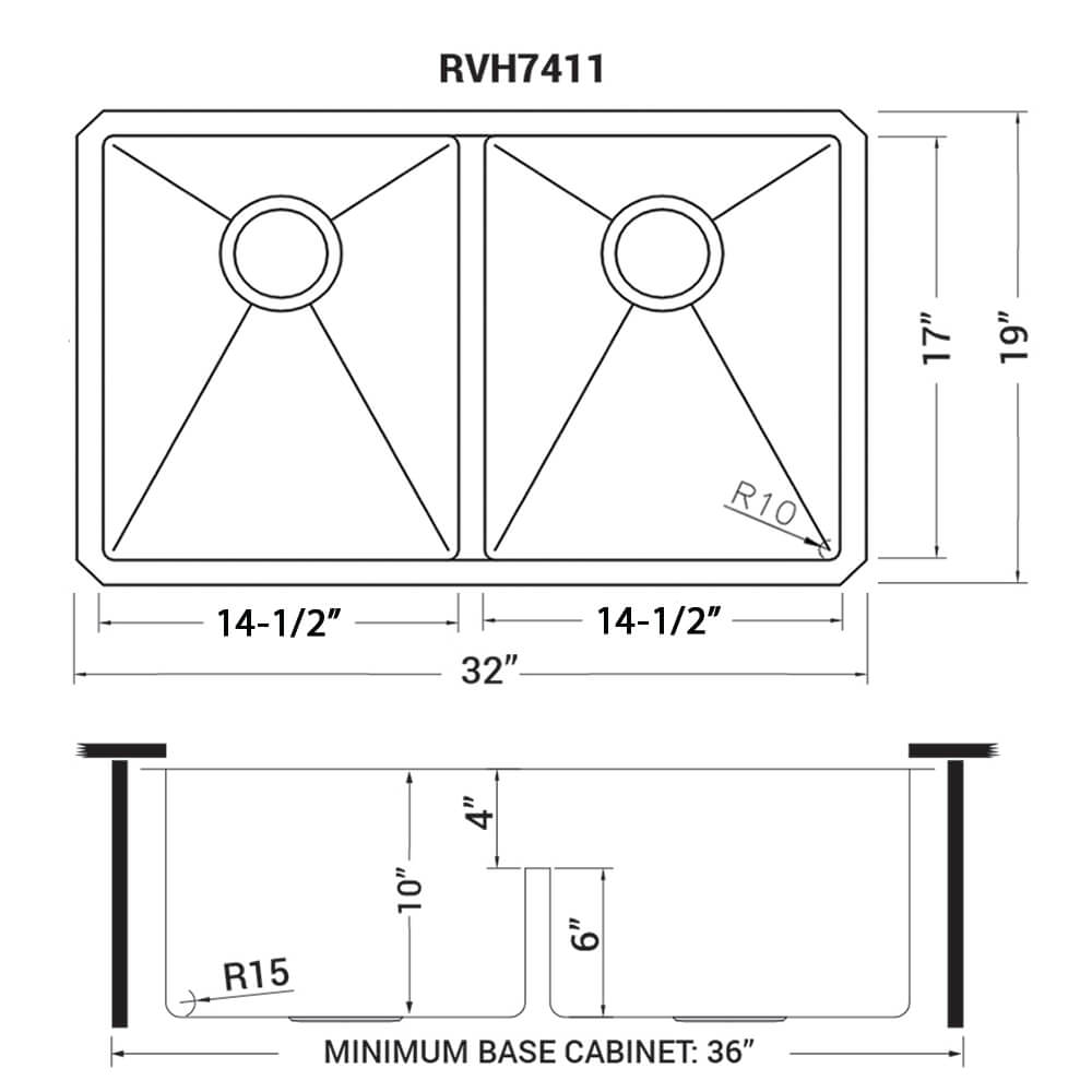 Urbana Ruvati 32" Low-Divide Undermount 50/50 Double Bowl 16 Gauge Rounded Corners Stainless Steel Kitchen Sink – Model # RVH7411