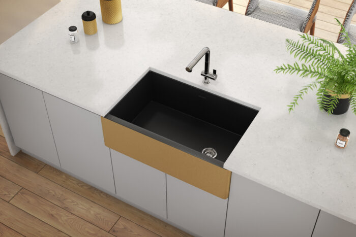 Fiamma Model: RVL4018GRG Ruvati 30-inch Matte Black and Brushed Gold Fireclay Modern Farmhouse Kitchen Sink Single Bowl – RVL4018GRG