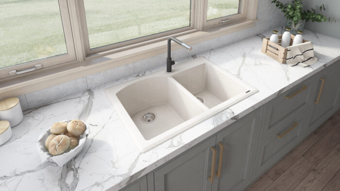 epiGranite Model: RVG1344CS Ruvati 33 x 22 inch epiGranite Drop-in Topmount Granite Composite Quartz Double Bowl Kitchen Sink – Caribbean Sand – RVG1344CS
