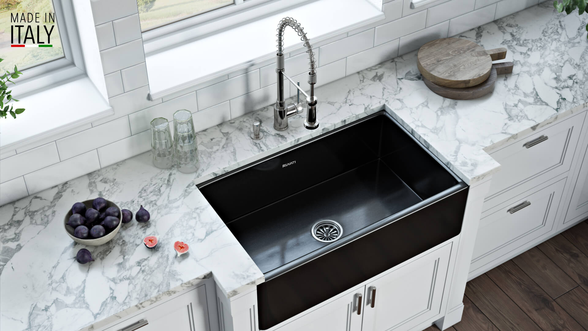 Fiamma Ruvati 33" x 20" Fireclay Reversible Farmhouse Apron-Front Kitchen Sink Single Bowl – Glossy Black – Model# RVL2300BK