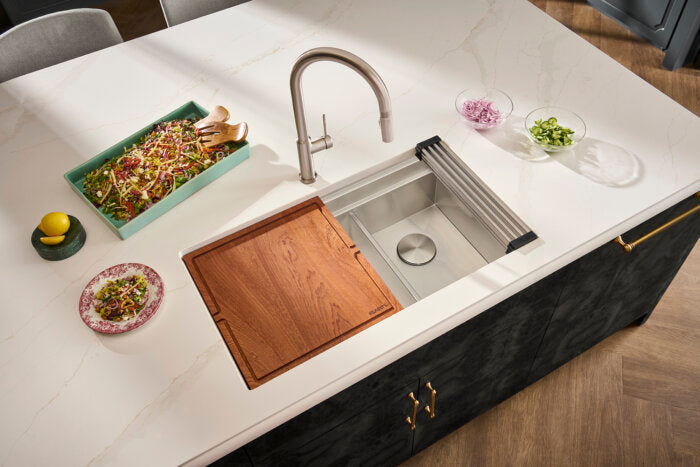 Dual Tier Ruvati 33-inch Workstation Dual Tier Double Bowl Low Divide Undermount 16 Gauge Stainless Steel Kitchen Sink – Model # RVH8255