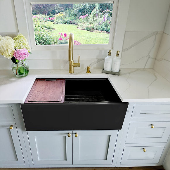 Nantucket Sinks - 30" Fireclay Reversible Workstation Farmhouse Fireclay Sink with Offset Drain and Accessories Model# T-PS30MB
