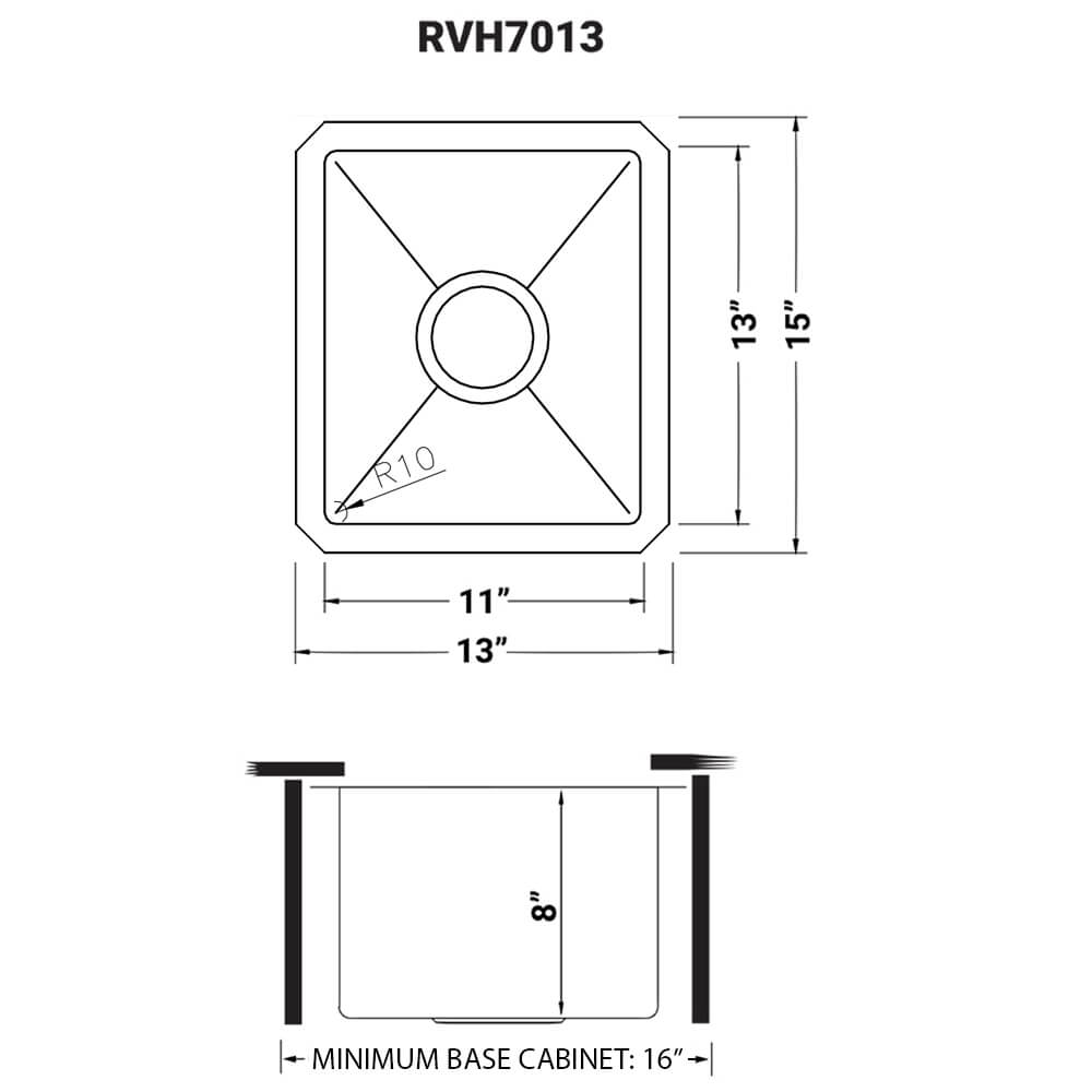 Gravena Ruvati 13" x 15" Undermount Bar Prep 16 Gauge Kitchen Sink Round Corners Stainless Steel Single Bowl – Model# RVH7013