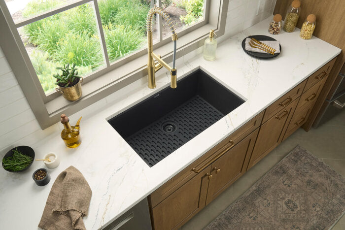 Seneca Model: RVF1233SG Ruvati Seneca Brushed Gold Single Handle Pull Down Kitchen Faucet Tall High Arc Commercial with Pre-Rinse Sprayer – RVF1233SG