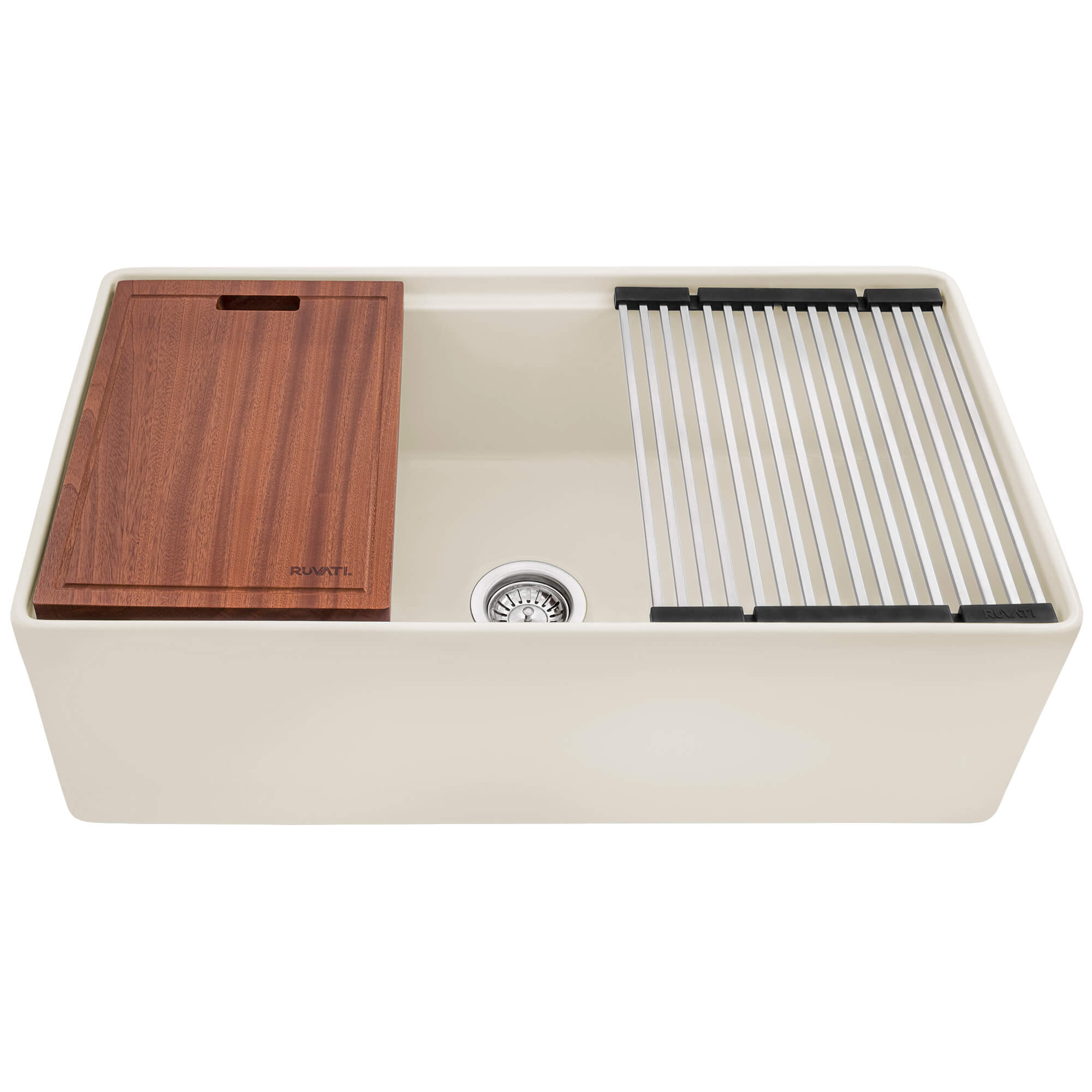 Fiore Model: RVL2387BS Ruvati 33 inch Fireclay Workstation Farmhouse Kitchen Sink Apron Front Single Bowl Biscuit Sand – RVL2387BS