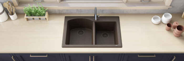 epiGranite Model: RVG1344ES Ruvati 33 x 22 inch epiGranite Drop-in Topmount Granite Composite Quartz Double Bowl Kitchen Sink – Espresso Brown – RVG1344ES
