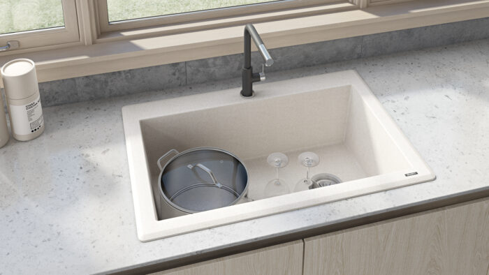 epiGranite Model: RVG1033CS Ruvati 33 x 22 inch epiGranite Drop-in Topmount Granite Composite Quartz Single Bowl Kitchen Sink – Caribbean Sand – RVG1033CS
