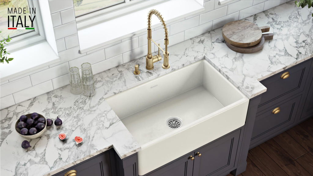 Fiamma Ruvati 33" x 20" Fireclay Reversible Farmhouse Apron-Front Kitchen Sink Single Bowl – Biscuit – Model# RVL2300BS