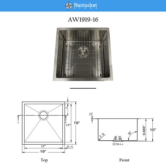 Nantucket Sinks - 19" Stainless Steel Undermount Outdoor Use Sink Model# AW1919-16