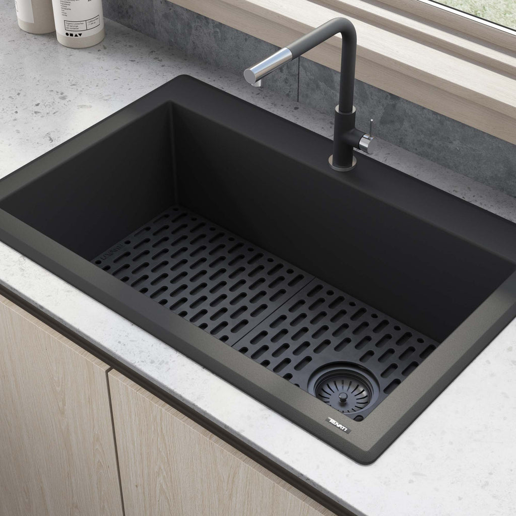epiGranite Model: RVG1033BK Ruvati 33 x 22 inch epiGranite Drop-in Topmount Granite Composite Quartz Single Bowl Kitchen Sink – Midnight Black – RVG1033BK