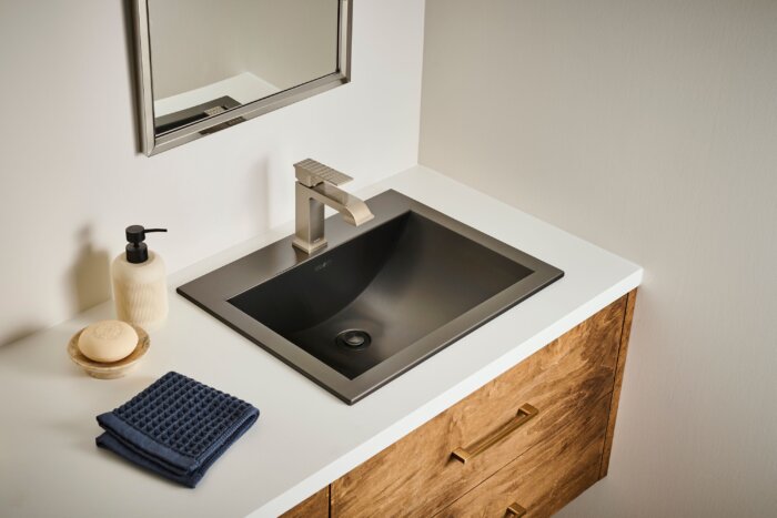 Decora Model: RVF5132BN Ruvati Decora Single Handle Square Art Deco Square Transitional Bathroom Faucet in Brushed Nickel – RVF5132BN