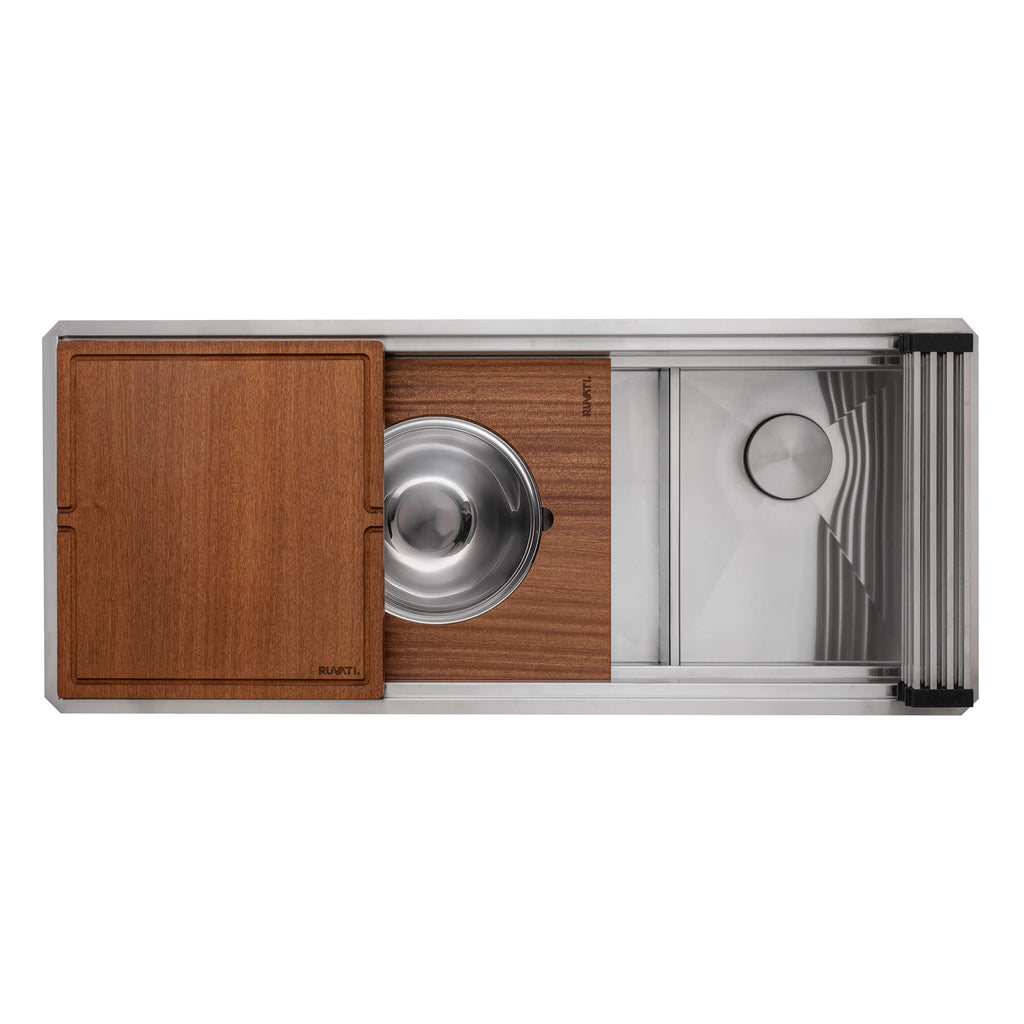 Dual Tier Model: RVH8253 Ruvati 45-inch Double Bowl Workstation Two-Tiered Ledge Kitchen Sink Undermount 16 Gauge Stainless Steel – RVH8253