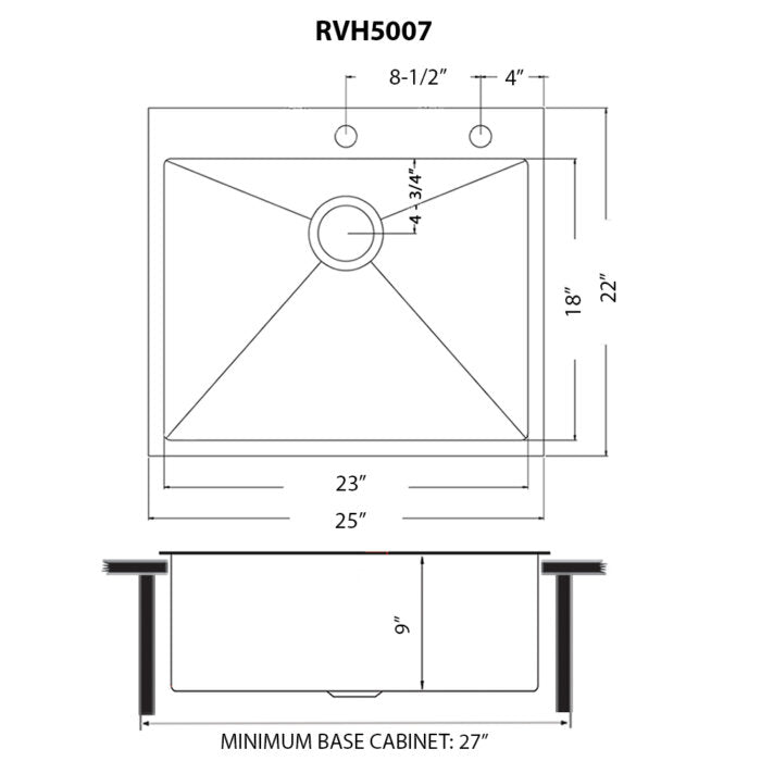 Terraza  Ruvati 25"Gunmetal Black Stainless Steel Drop-in Topmount Kitchen Sink Single Bowl – Model# RVH5007BL