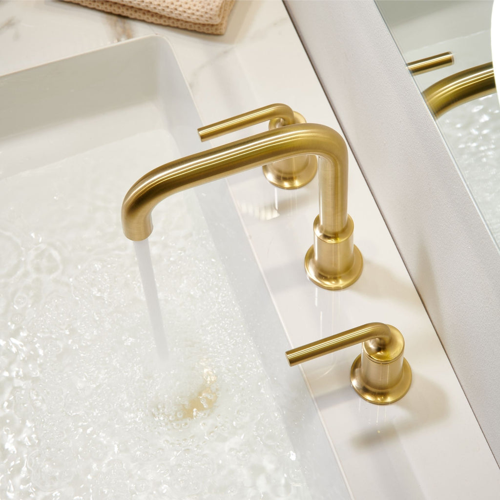 Oakland Wide Spread 2 Handle Bathroom Sink Faucet with Pop Up Drain in Satin Gold – Model #KSB8236SG