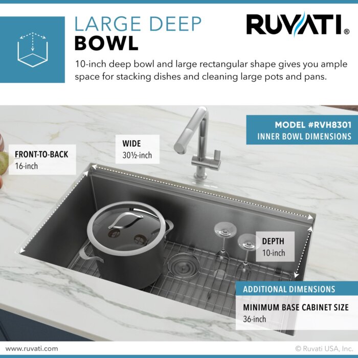 Roma Pro Ruvati 32-inch Workstation Ledge Rounded Corners Undermount 16 Gauge Kitchen Sink Single Bowl – Model # RVH8301
