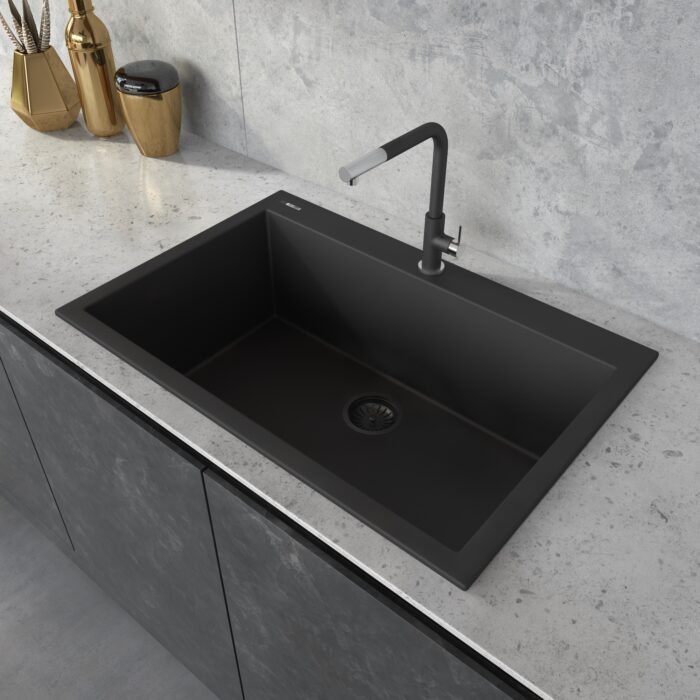 epiGranite Model: RVG1030BK Ruvati 30 x 20 inch epiGranite Drop-in Topmount Granite Composite Quartz Single Bowl Kitchen Sink – Midnight Black – RVG1030BK