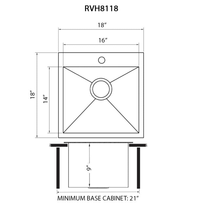 Tirana Model: RVH8118 Ruvati 18 x 18 inch Drop-in Topmount Bar Prep Sink 16 Gauge Stainless Steel Single Bowl – RVH8118