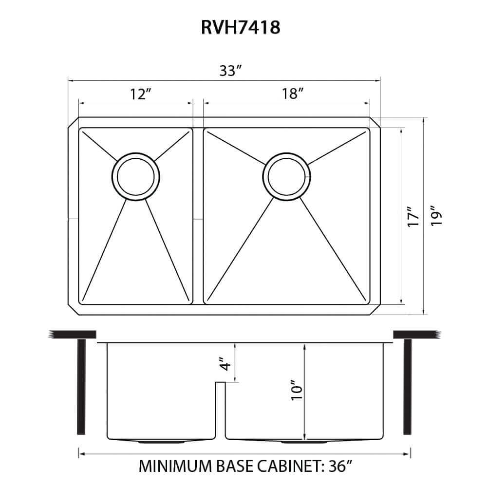 Urbana Ruvati 33" Low-Divide Undermount 40/60 Double Bowl 16 Gauge Rounded Corners Stainless Steel Kitchen Sink – Model # RVH7418