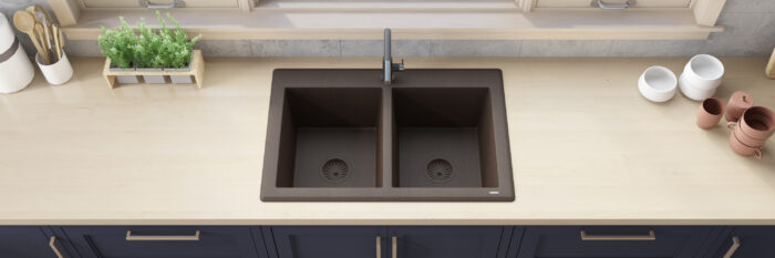epiGranite Model: RVG1388ES Ruvati 33 x 22 inch epiGranite Drop-in Topmount Granite Composite Quartz Double Bowl Kitchen Sink – Espresso Brown – RVG1388ES
