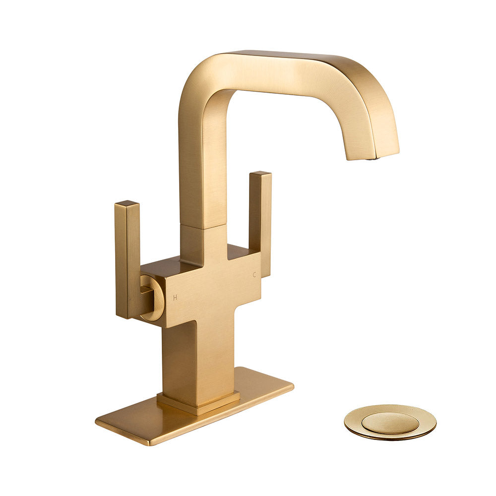 Oakland Two Handle Bathroom Sink Faucet in Satin Gold with Pop Up Drain – Model# KSB1216SG