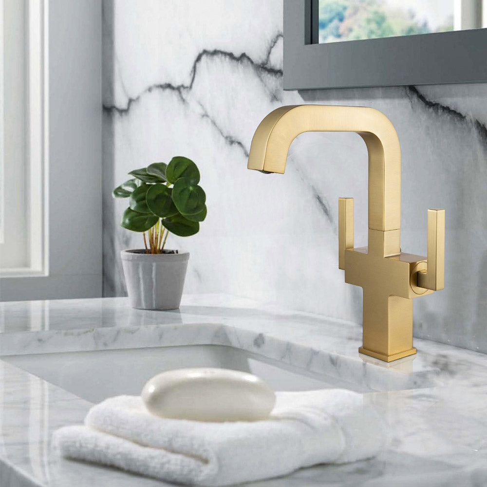 Oakland Two Handle Bathroom Sink Faucet in Satin Gold with Pop Up Drain – Model# KSB1216SG