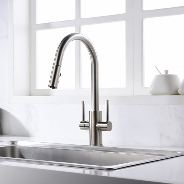 Oakland Two Handle Pull-Down Kitchen Faucet in Brushed Nickel Finish Model# KSK1218-BN