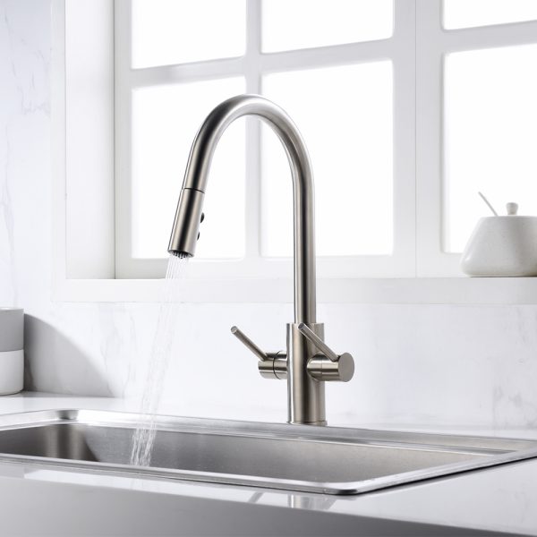 Oakland Two Handle Pull-Down Kitchen Faucet in Brushed Nickel Finish Model# KSK1218-BN
