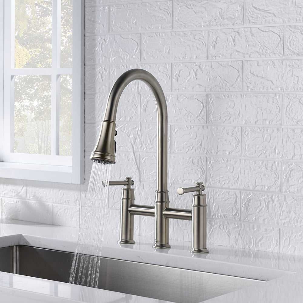 Oakland 8” Double Handle 3 Hole Kitchen Faucet in Brushed Nickel – Model # KSK8239BN