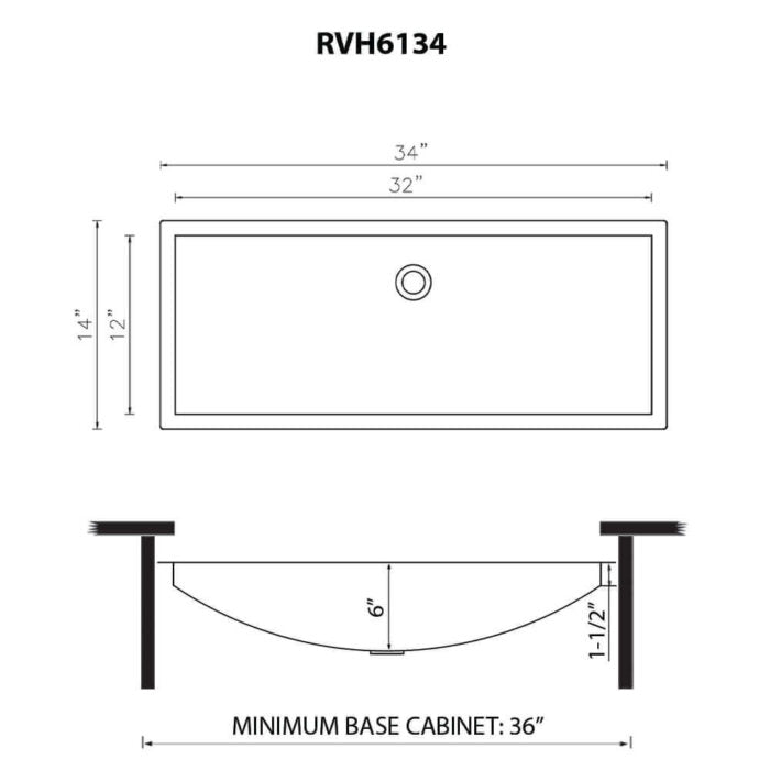 Ariaso Ruvati 34" x 14"Brushed Stainless Steel Rectangular Bathroom Sink Undermount – Model# RVH6134ST
