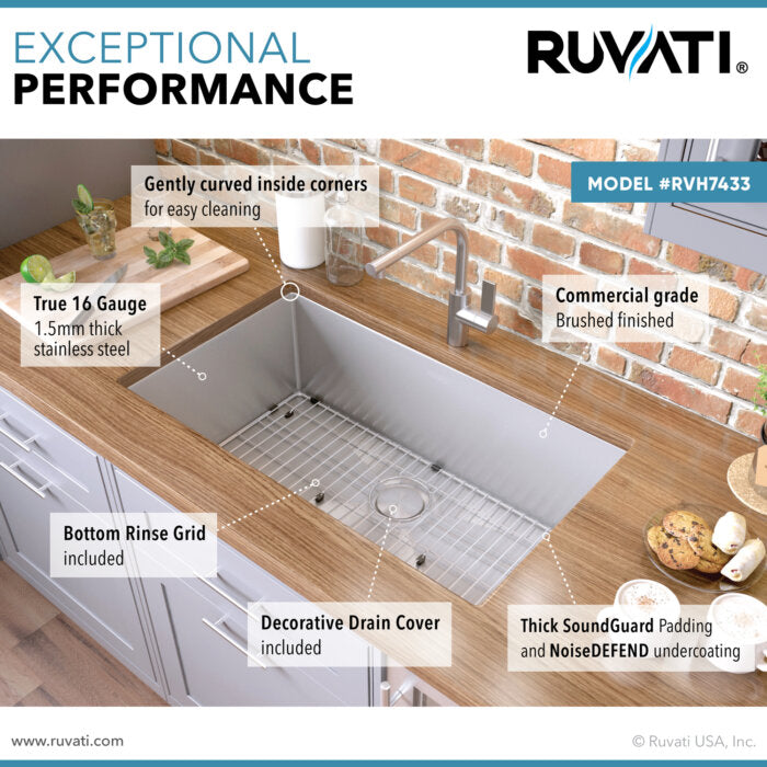 Gravena Ruvati 33" Undermount 16 Gauge Rounded Corners Large Kitchen Sink Stainless Steel Single Bowl – Model # RVH7433