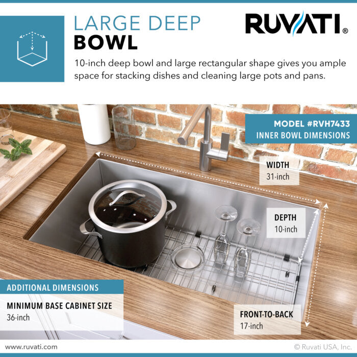 Gravena Ruvati 33" Undermount 16 Gauge Rounded Corners Large Kitchen Sink Stainless Steel Single Bowl – Model # RVH7433