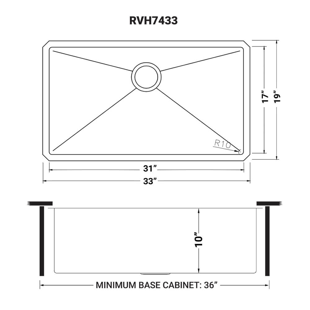 Gravena Ruvati 33" Undermount 16 Gauge Rounded Corners Large Kitchen Sink Stainless Steel Single Bowl – Model # RVH7433