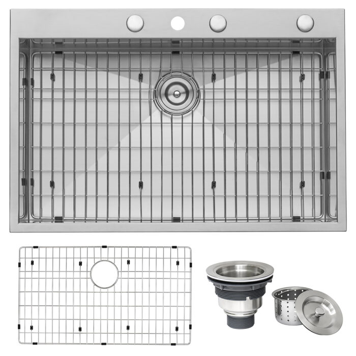 Tirana Model: RVH8001 Ruvati 33 x 22 inch Drop-in Topmount 16 Gauge Zero Radius Stainless Steel Kitchen Sink Single Bowl – 4 holes – Model # RVH8001