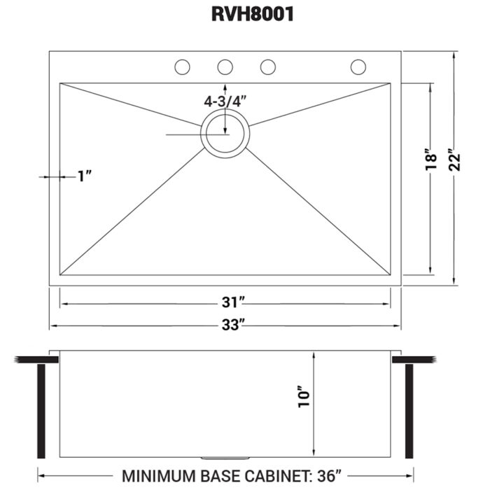 Tirana Model: RVH8001 Ruvati 33 x 22 inch Drop-in Topmount 16 Gauge Zero Radius Stainless Steel Kitchen Sink Single Bowl – 4 holes – Model # RVH8001