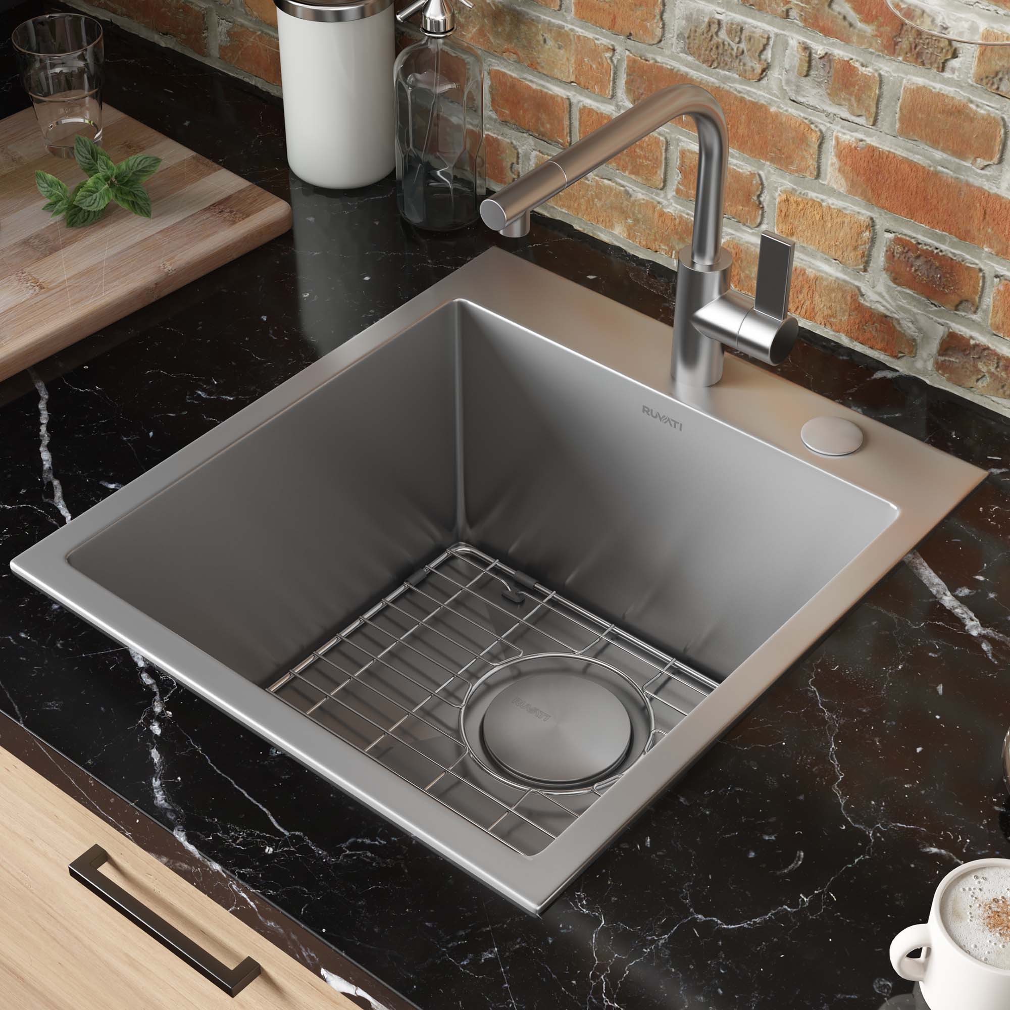 Tirana Pro Model: RVH8006 Ruvati 18 x 20 inch Drop-in Topmount Rounded 16 Gauge Stainless Steel Kitchen Sink Single Bowl – RVH8006