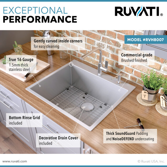 Tirana Pro Model: RVH8007 Ruvati 25-inch Drop-in Topmount 16 Gauge Stainless Steel Rounded Corners Kitchen Sink Single Bowl – RVH8007