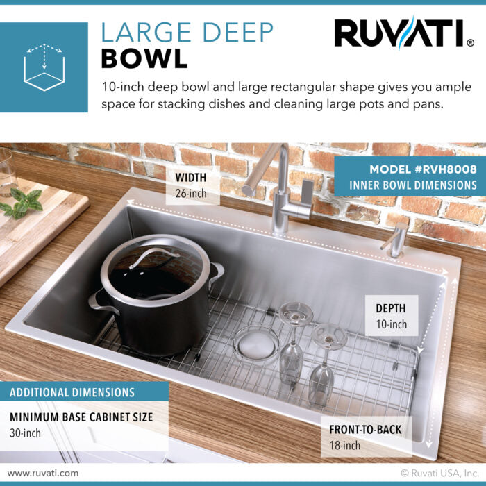 Tirana Pro Model: RVH8008 Ruvati 28-inch Drop-in Topmount 16 Gauge Stainless Steel Rounded Corners Kitchen Sink Single Bowl – RVH8008