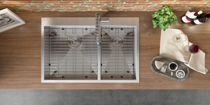 Tirana Model: RVH8050 Ruvati 33 x 22 inch Drop-in 60/40 Double Bowl 16 Gauge Zero Radius Topmount Stainless Steel Kitchen Sink – RVH8050