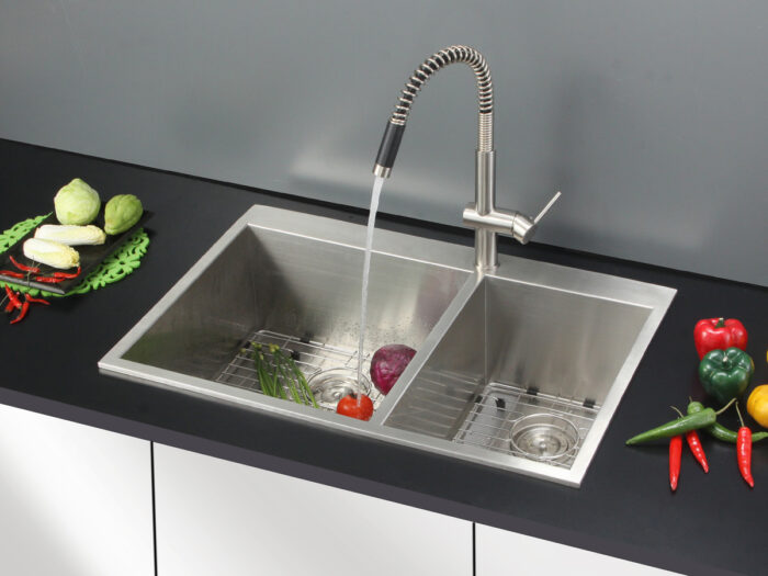 Tirana Model: RVH8050 Ruvati 33 x 22 inch Drop-in 60/40 Double Bowl 16 Gauge Zero Radius Topmount Stainless Steel Kitchen Sink – RVH8050