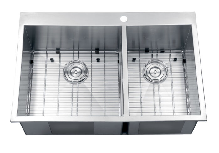 Tirana Model: RVH8050 Ruvati 33 x 22 inch Drop-in 60/40 Double Bowl 16 Gauge Zero Radius Topmount Stainless Steel Kitchen Sink – RVH8050