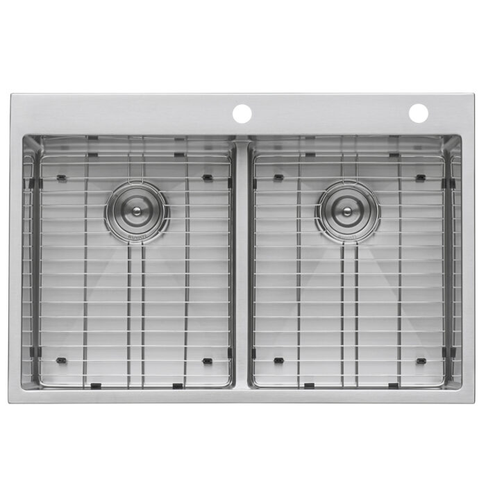 Tirana Pro Model: RVH8051 Ruvati 33 x 22 inch Drop-in 50/50 Double Bowl Rounded Corners 16 Gauge Topmount Stainless Steel Kitchen Sink – RVH8051