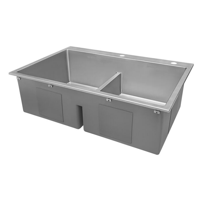 Tirana Pro Model: RVH8051 Ruvati 33 x 22 inch Drop-in 50/50 Double Bowl Rounded Corners 16 Gauge Topmount Stainless Steel Kitchen Sink – RVH8051