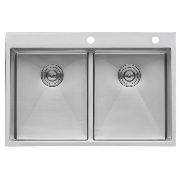 Tirana Pro Model: RVH8051 Ruvati 33 x 22 inch Drop-in 50/50 Double Bowl Rounded Corners 16 Gauge Topmount Stainless Steel Kitchen Sink – RVH8051
