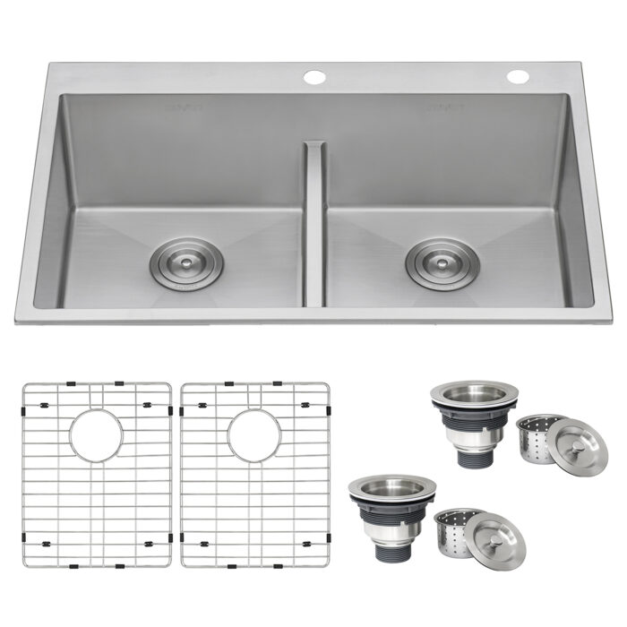 Tirana Pro Model: RVH8051 Ruvati 33 x 22 inch Drop-in 50/50 Double Bowl Rounded Corners 16 Gauge Topmount Stainless Steel Kitchen Sink – RVH8051