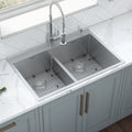 Tirana Pro Model: RVH8051 Ruvati 33 x 22 inch Drop-in 50/50 Double Bowl Rounded Corners 16 Gauge Topmount Stainless Steel Kitchen Sink – RVH8051