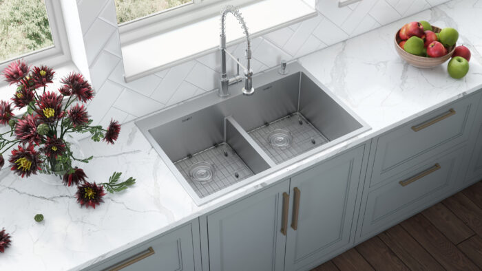 Tirana Pro Model: RVH8051 Ruvati 33 x 22 inch Drop-in 50/50 Double Bowl Rounded Corners 16 Gauge Topmount Stainless Steel Kitchen Sink – RVH8051