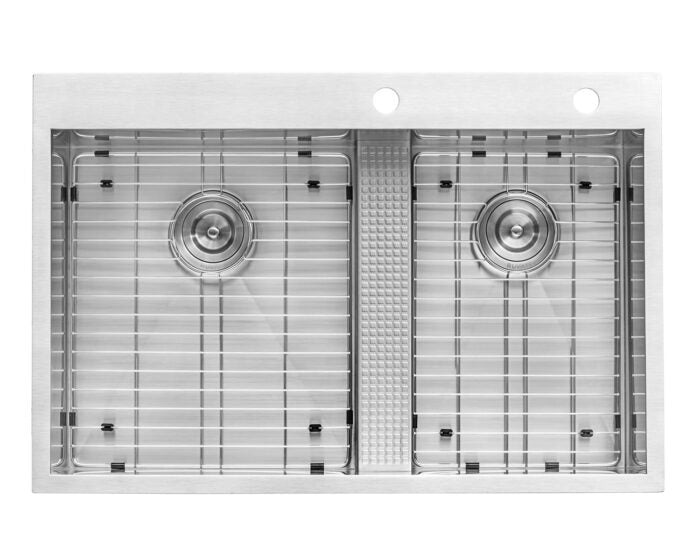 Tirana Model: RVH8059 Ruvati 33-inch Drop-in Low Platform-Divide Zero Radius 60/40 Double Bowl 16 Gauge Topmount Kitchen Sink – RVH8059